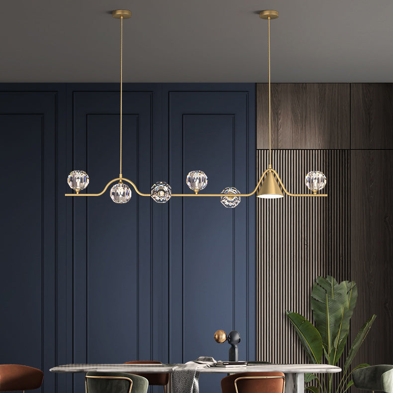 Contemporary Scandinavian Crystal Brass Conical Linear LED Chandelier Island Light For Dining Room