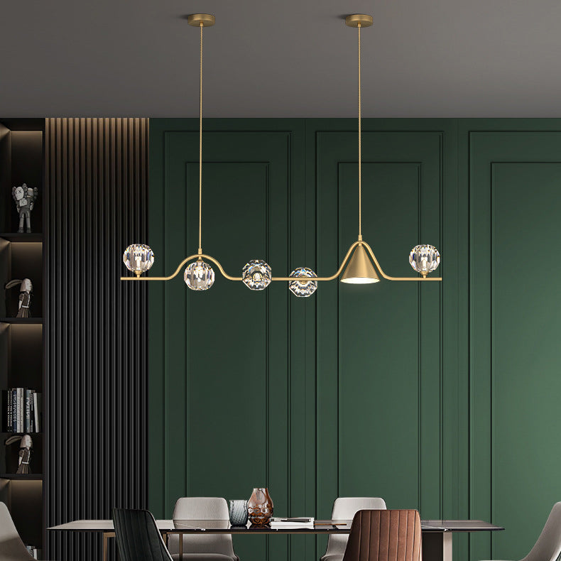 Contemporary Scandinavian Crystal Brass Conical Linear LED Chandelier Island Light For Dining Room