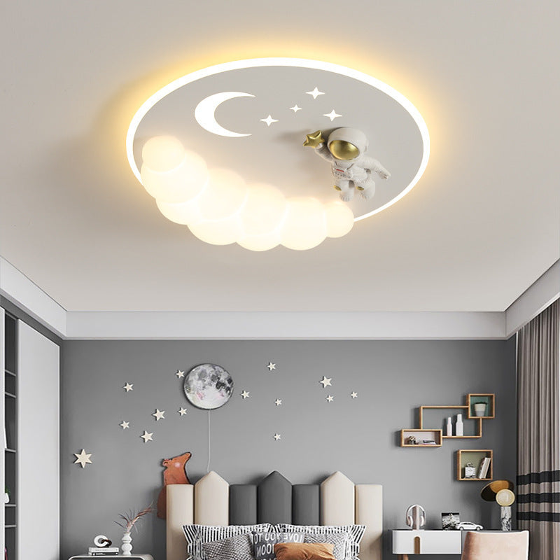 Modern Art Deco Acrylic Iron Astronaut Mermaid Angel Round LED Flush Mount Ceiling Light For Bedroom