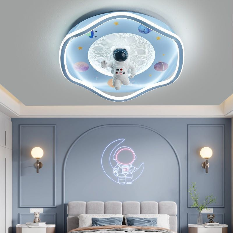 Modern Art Deco Kids Silicone Resin Iron Astronaut Planet-Shaped Round LED Flush Mount Ceiling Light For Bedroom