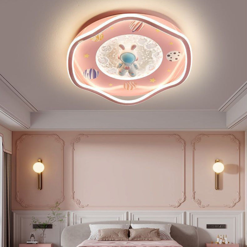 Modern Art Deco Kids Silicone Resin Iron Astronaut Planet-Shaped Round LED Flush Mount Ceiling Light For Bedroom