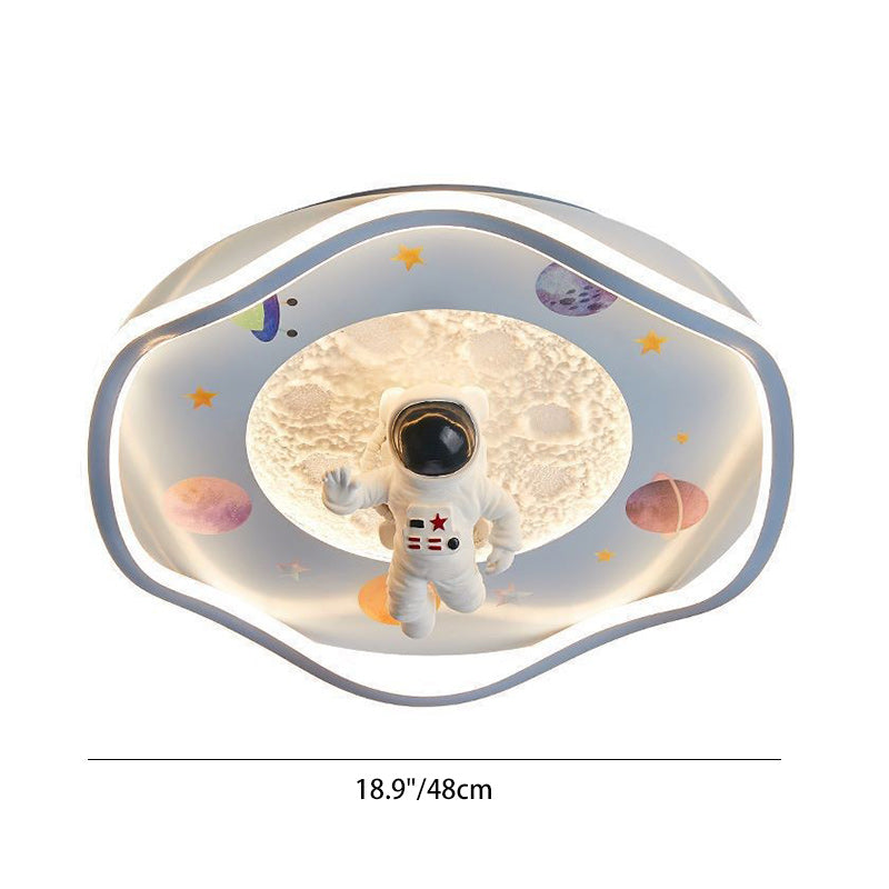 Modern Art Deco Kids Silicone Resin Iron Astronaut Planet-Shaped Round LED Flush Mount Ceiling Light For Bedroom
