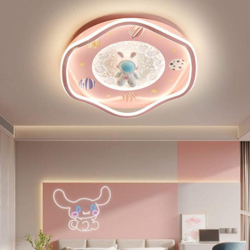 Modern Art Deco Kids Silicone Resin Iron Astronaut Planet-Shaped Round LED Flush Mount Ceiling Light For Bedroom