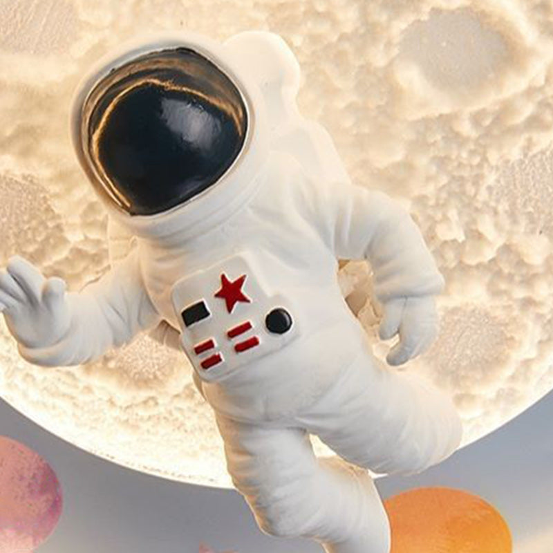 Modern Art Deco Kids Silicone Resin Iron Astronaut Planet-Shaped Round LED Flush Mount Ceiling Light For Bedroom