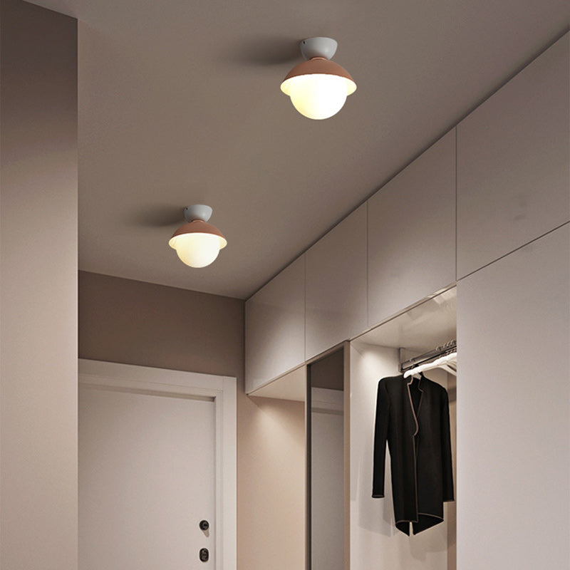 Contemporary Scandinavian Glass Iron Bowl-Shaped Round 1-Light Semi-Flush Mount Ceiling Light For Bedroom & Living Room