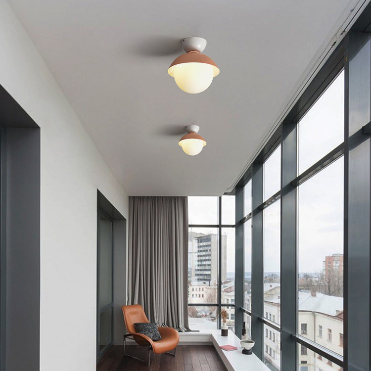 Contemporary Scandinavian Glass Iron Bowl-Shaped Round 1-Light Semi-Flush Mount Ceiling Light For Bedroom & Living Room