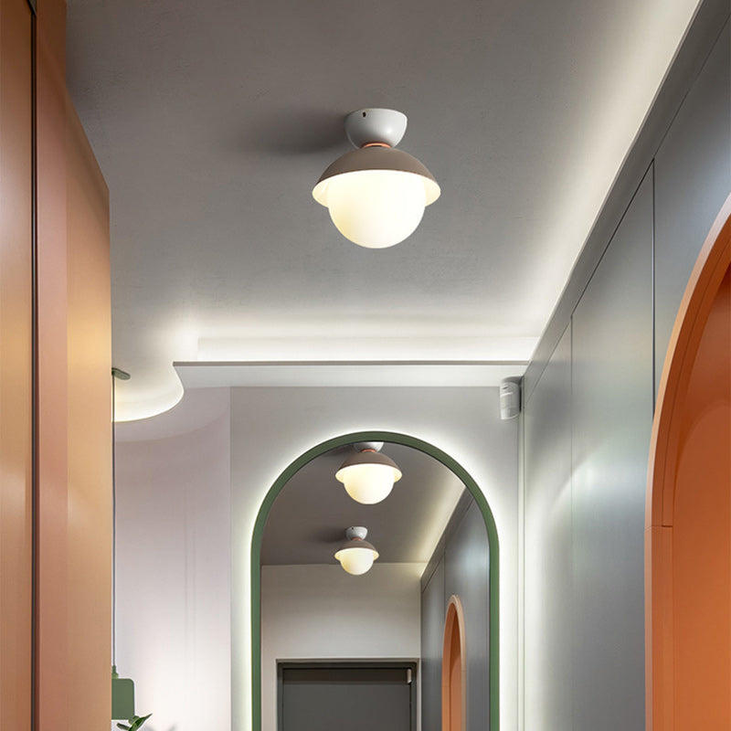 Contemporary Scandinavian Glass Iron Bowl-Shaped Round 1-Light Semi-Flush Mount Ceiling Light For Bedroom & Living Room