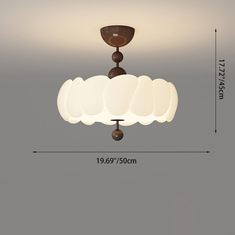 Traditional Chinese Iron Wood PE Wavy Wrinkled Round LED Semi-Flush Mount Ceiling Light For Living Room