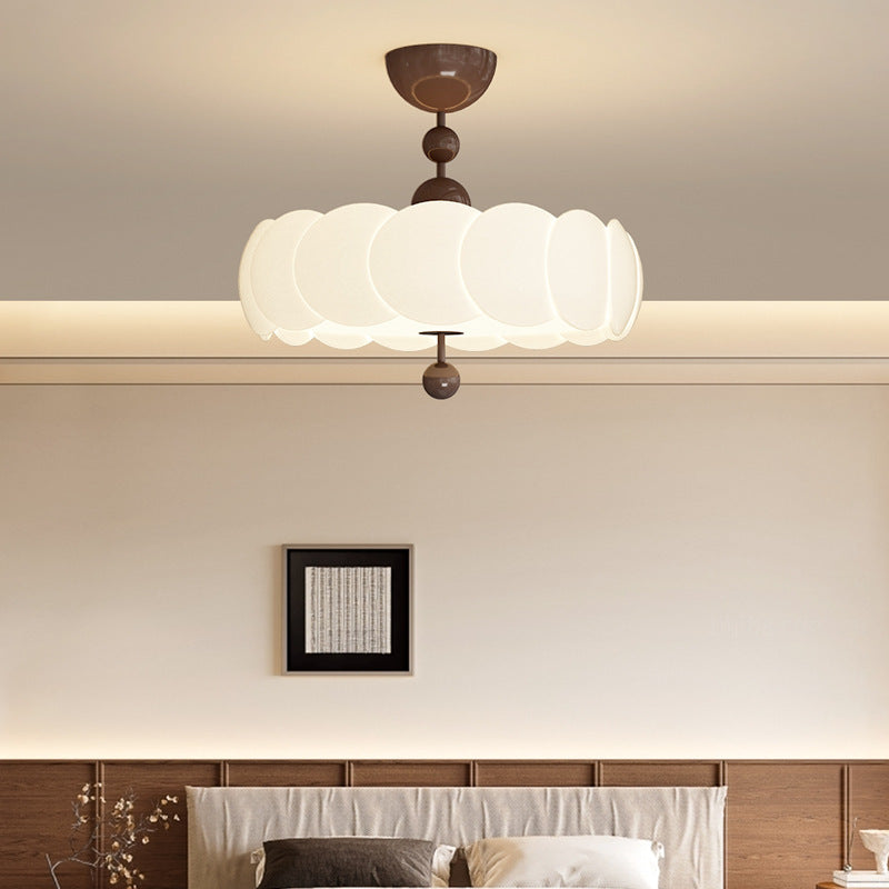 Traditional Chinese Iron Wood PE Wavy Wrinkled Round LED Semi-Flush Mount Ceiling Light For Living Room