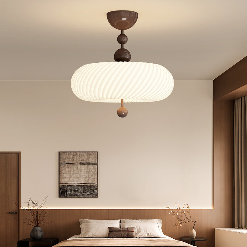 Traditional Chinese Iron Wood PE Wavy Wrinkled Round LED Semi-Flush Mount Ceiling Light For Living Room