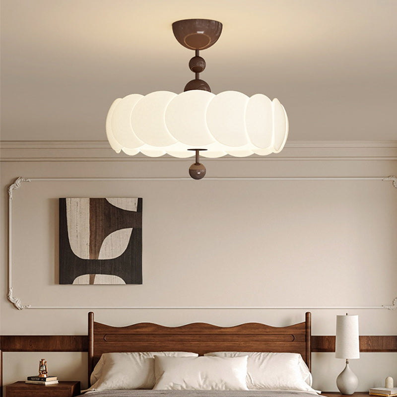 Traditional Chinese Iron Wood PE Wavy Wrinkled Round LED Semi-Flush Mount Ceiling Light For Living Room