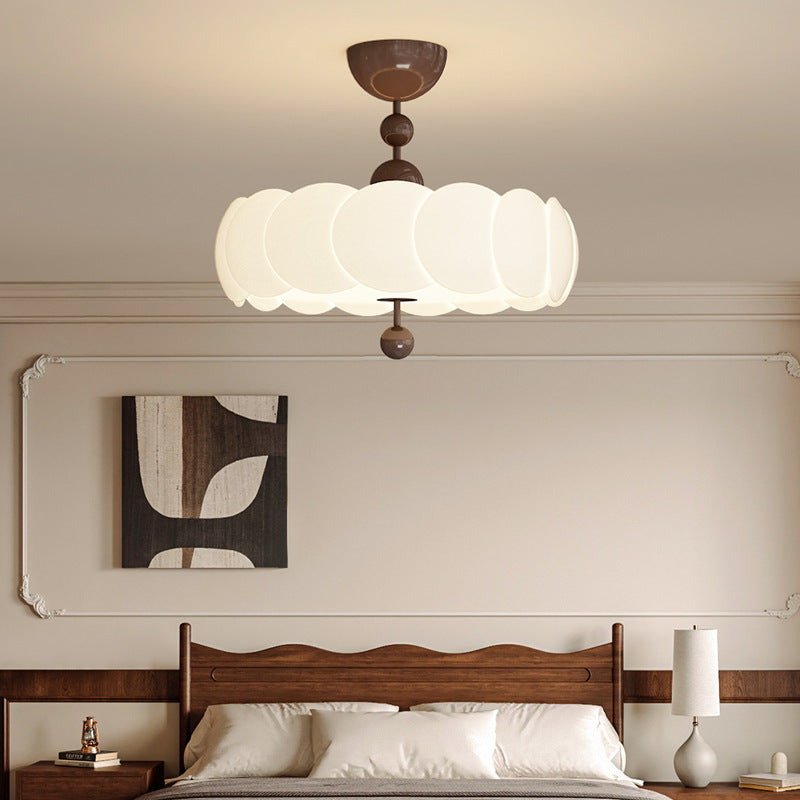 Traditional Chinese Iron Wood PE Wavy Wrinkled Round LED Semi-Flush Mount Ceiling Light For Living Room