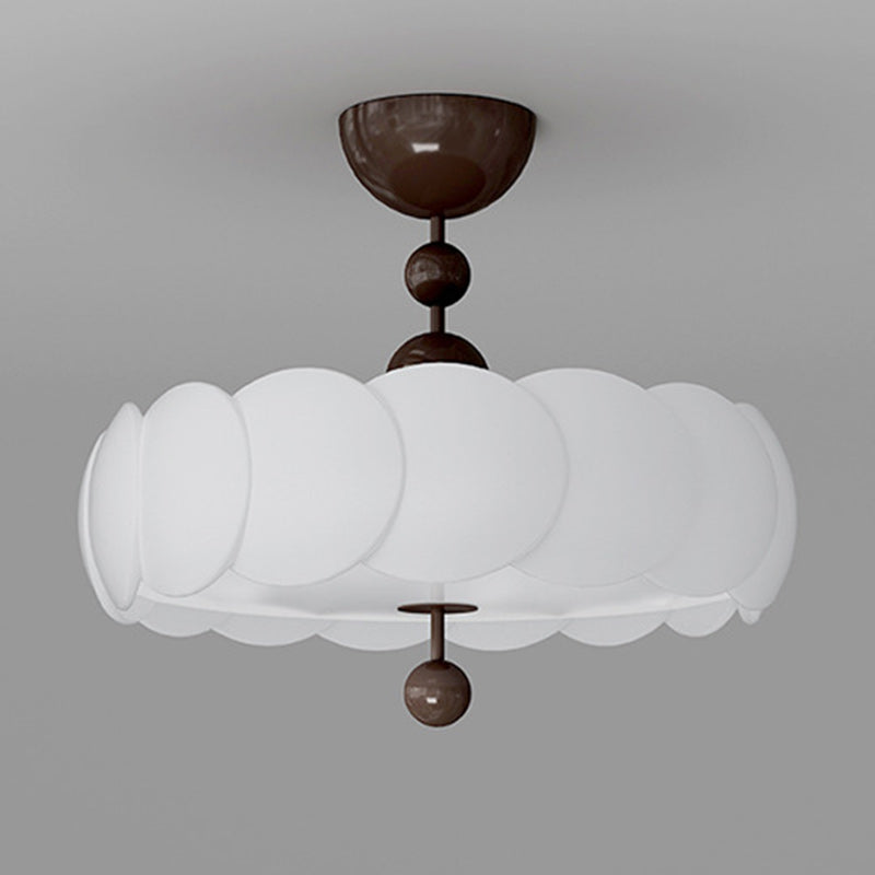Traditional Chinese Iron Wood PE Wavy Wrinkled Round LED Semi-Flush Mount Ceiling Light For Living Room