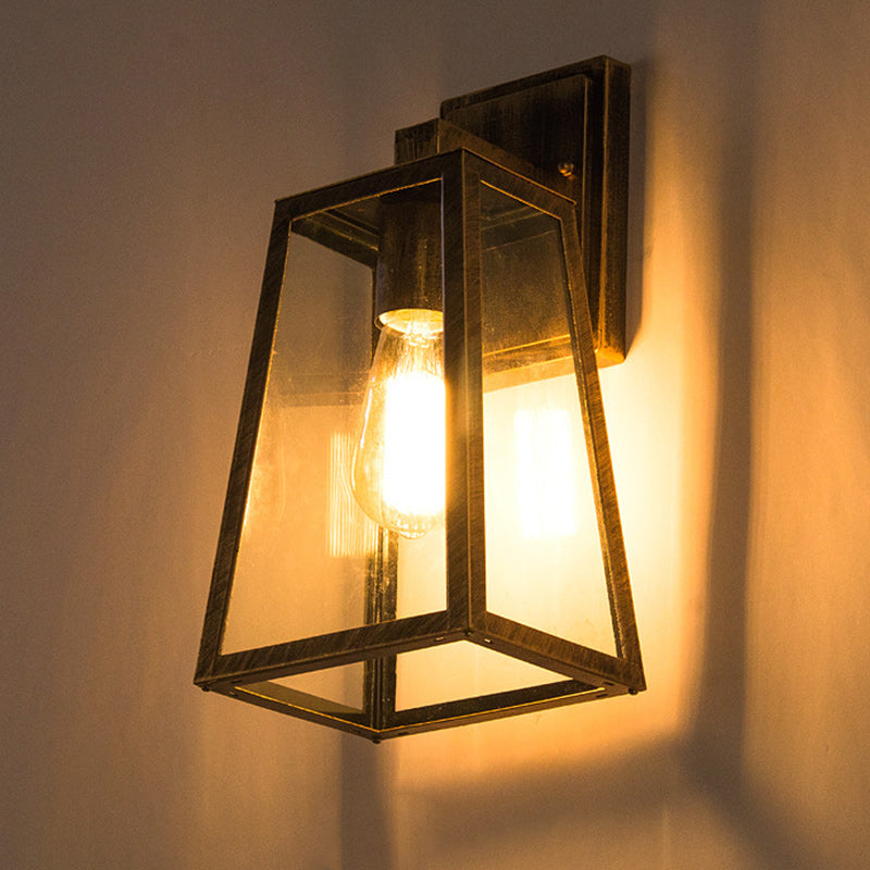 Traditional Vintage Iron Glass Lantern-Style Trapezoid 1-Light Wall Sconce Lamp For Outdoor