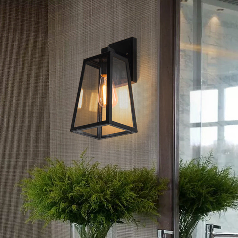 Traditional Vintage Iron Glass Lantern-Style Trapezoid 1-Light Wall Sconce Lamp For Outdoor