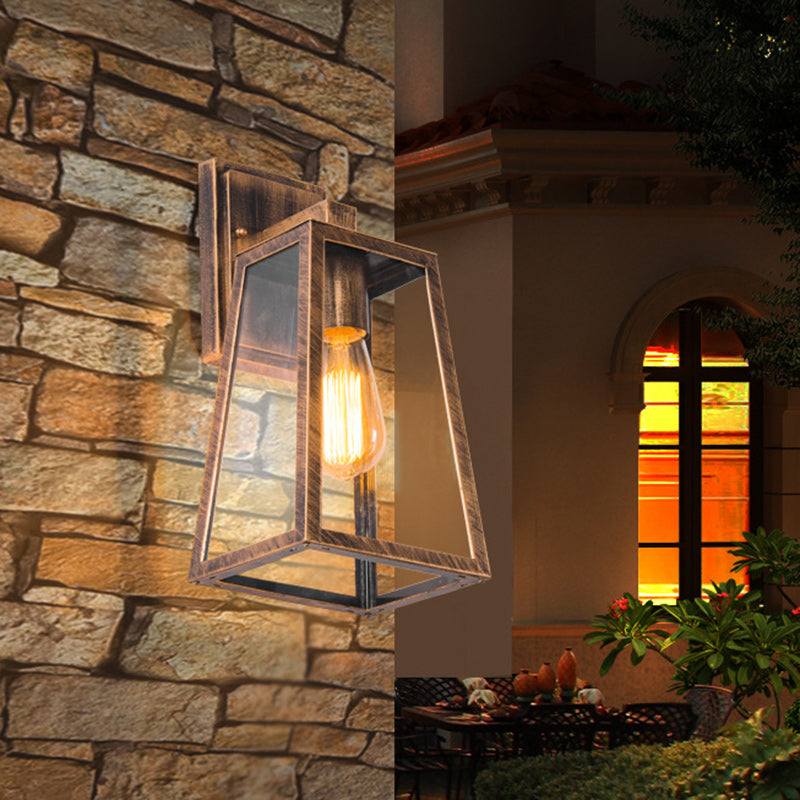 Traditional Vintage Iron Glass Lantern-Style Trapezoid 1-Light Wall Sconce Lamp For Outdoor
