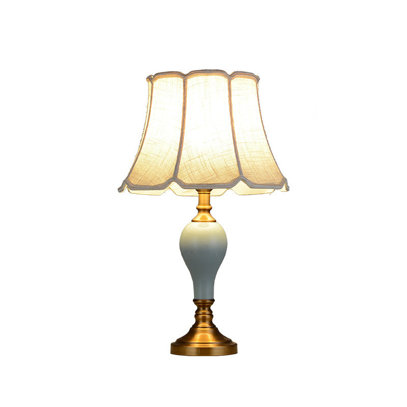 Traditional Chinese Brass Ceramic Fabric Round Fan-Shaped 1-Light Table Lamp For Bedroom