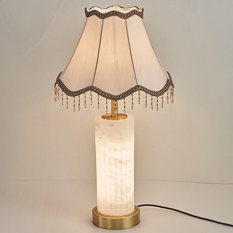 Traditional Chinese Alabaster Brass Fabric Umbrella-Shaped 1-Light Table Lamp For Bedroom