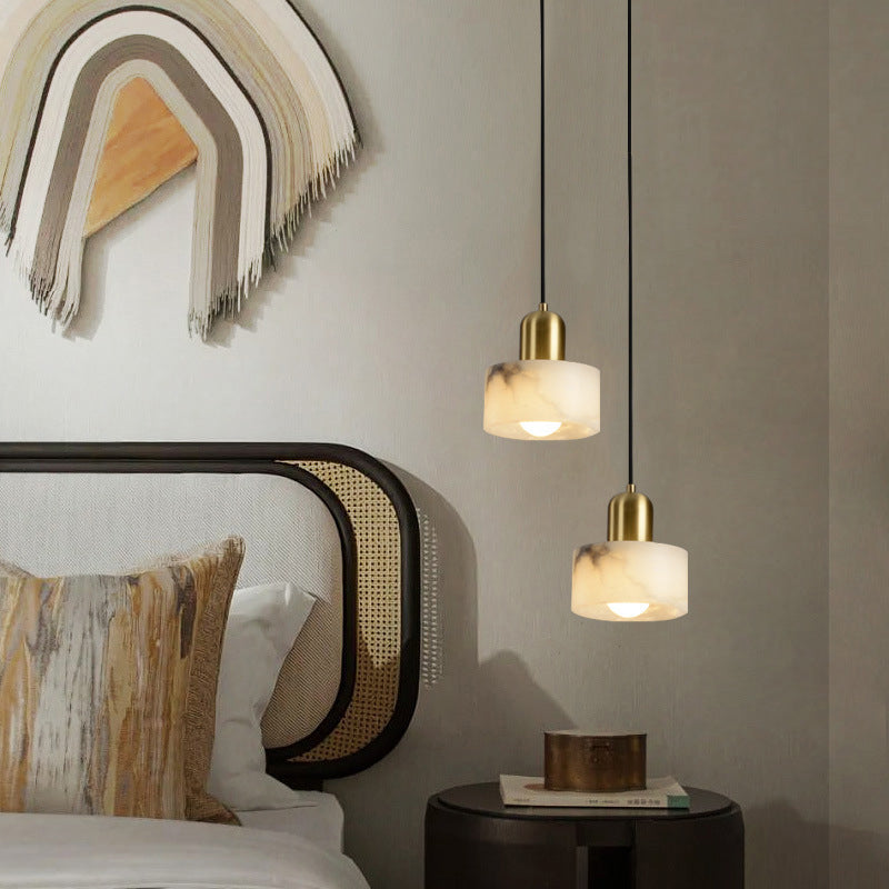 Traditional Chinese Alabaster Brass Round Cylinder 1-Light Pendant Light For Bedroom
