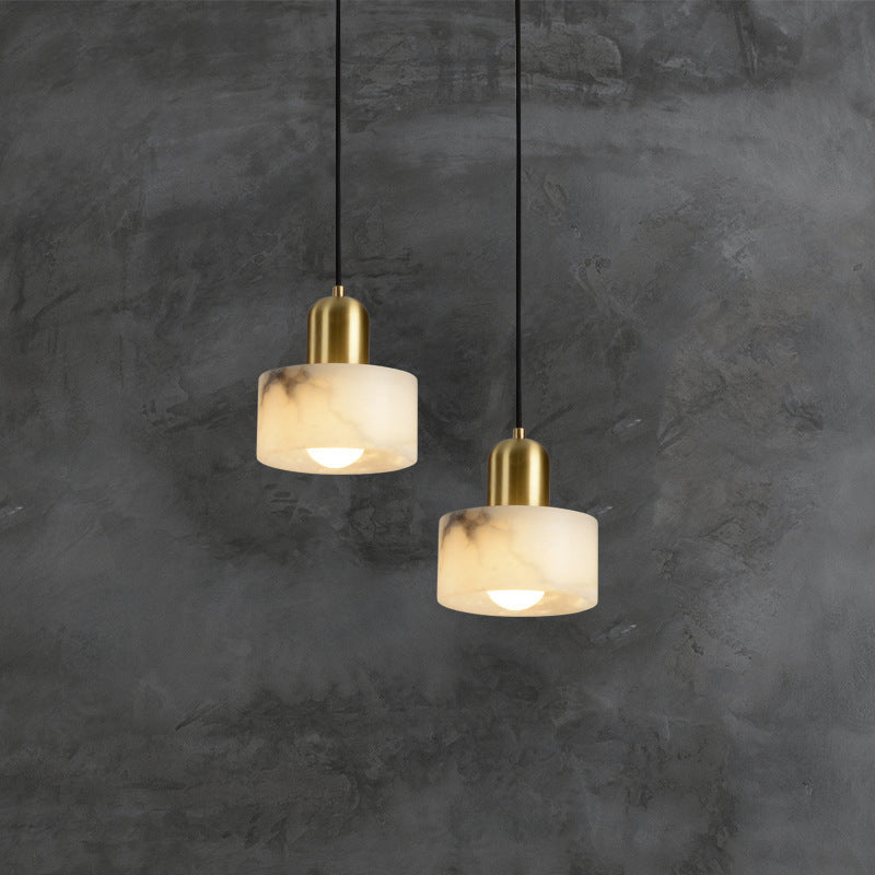 Traditional Chinese Alabaster Brass Round Cylinder 1-Light Pendant Light For Bedroom