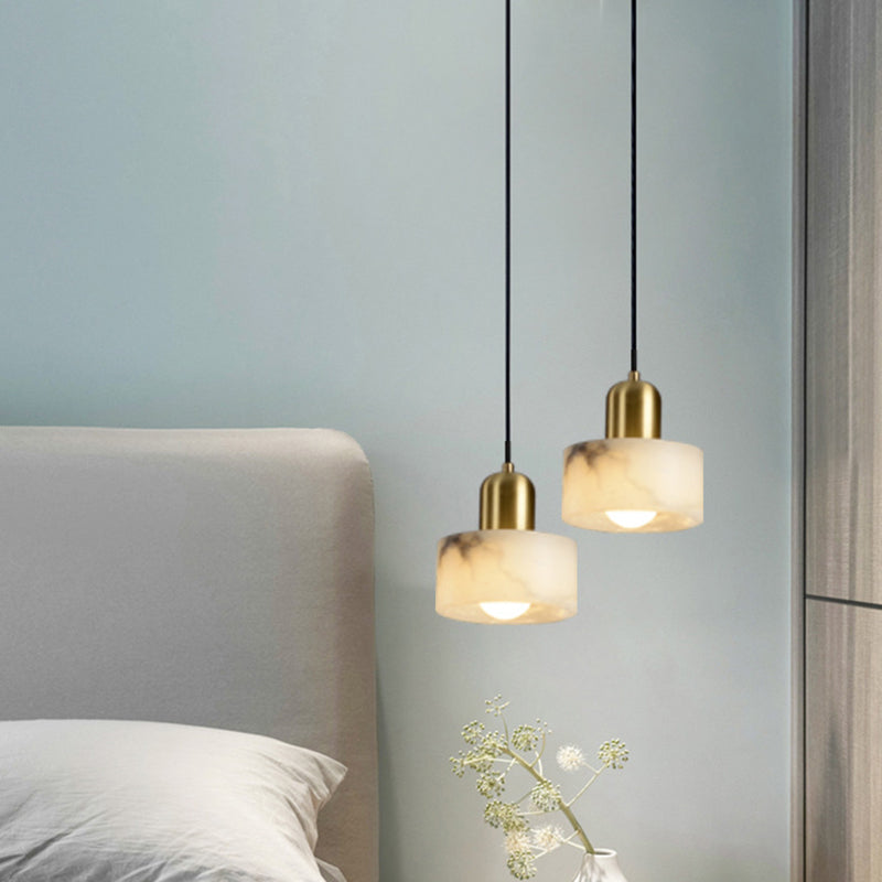 Traditional Chinese Alabaster Brass Round Cylinder 1-Light Pendant Light For Bedroom