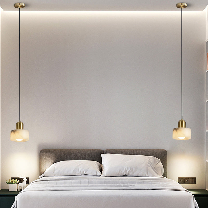 Traditional Chinese Alabaster Brass Round Cylinder 1-Light Pendant Light For Bedroom