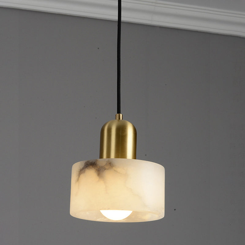 Traditional Chinese Alabaster Brass Round Cylinder 1-Light Pendant Light For Bedroom