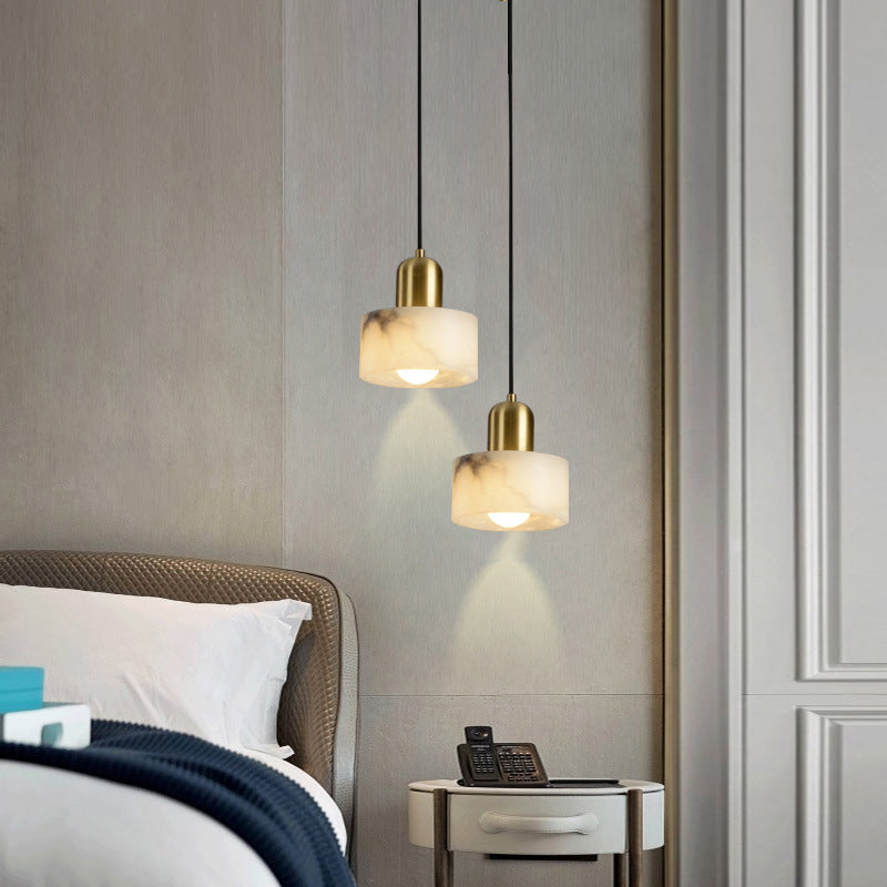 Traditional Chinese Alabaster Brass Round Cylinder 1-Light Pendant Light For Bedroom