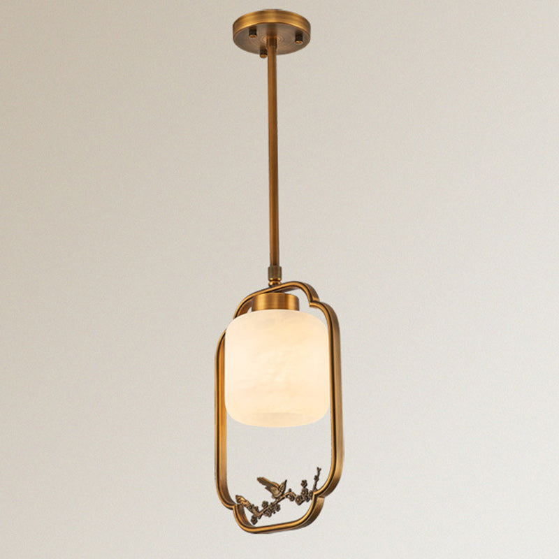 Traditional Chinese Brass Glass Alabaster Cylindrical Bird 1-Light Pendant Light For Living Room