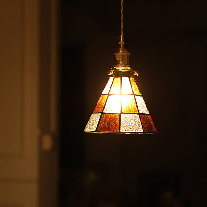 Traditional Vintage Brass Glass Hexagon Cone 1-Light Pendant Light For Living Room