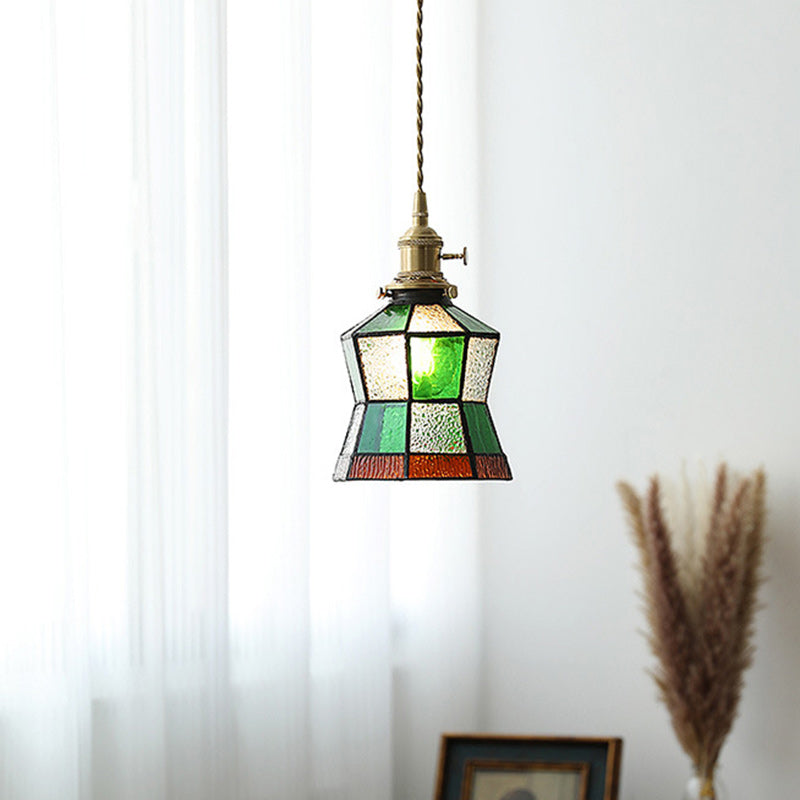 Traditional Vintage Brass Glass Hexagon Cone 1-Light Pendant Light For Living Room