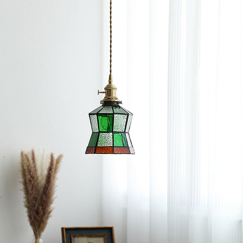Traditional Vintage Brass Glass Hexagon Cone 1-Light Pendant Light For Living Room