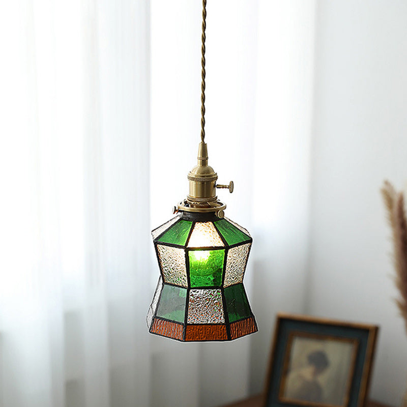 Traditional Vintage Brass Glass Hexagon Cone 1-Light Pendant Light For Living Room