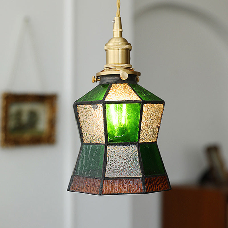 Traditional Vintage Brass Glass Hexagon Cone 1-Light Pendant Light For Living Room