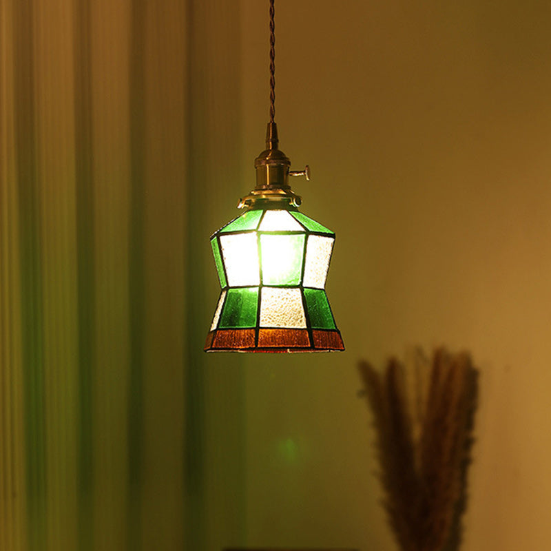 Traditional Vintage Brass Glass Hexagon Cone 1-Light Pendant Light For Living Room