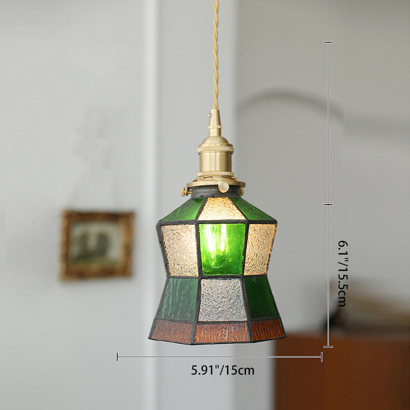Traditional Vintage Brass Glass Hexagon Cone 1-Light Pendant Light For Living Room