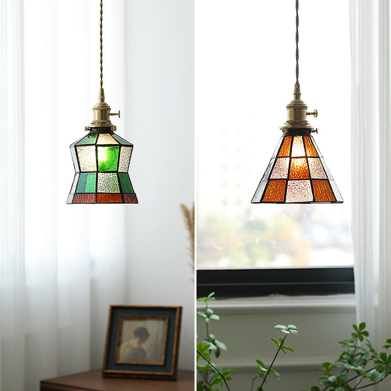 Traditional Vintage Brass Glass Hexagon Cone 1-Light Pendant Light For Living Room