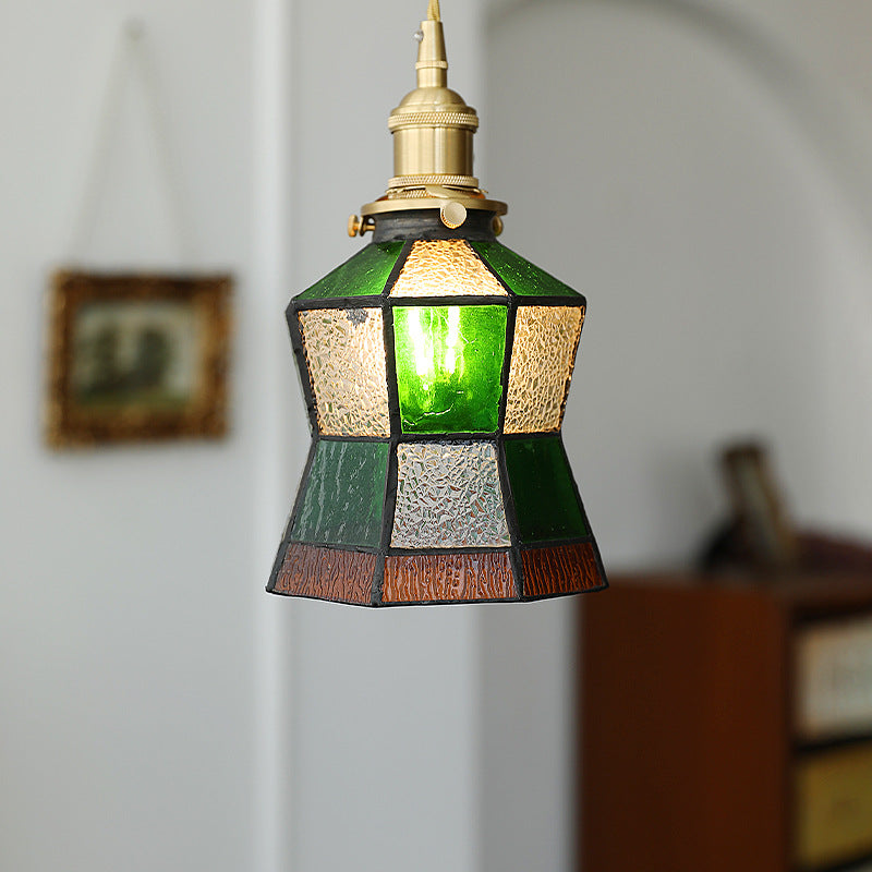 Traditional Vintage Brass Glass Hexagon Cone 1-Light Pendant Light For Living Room
