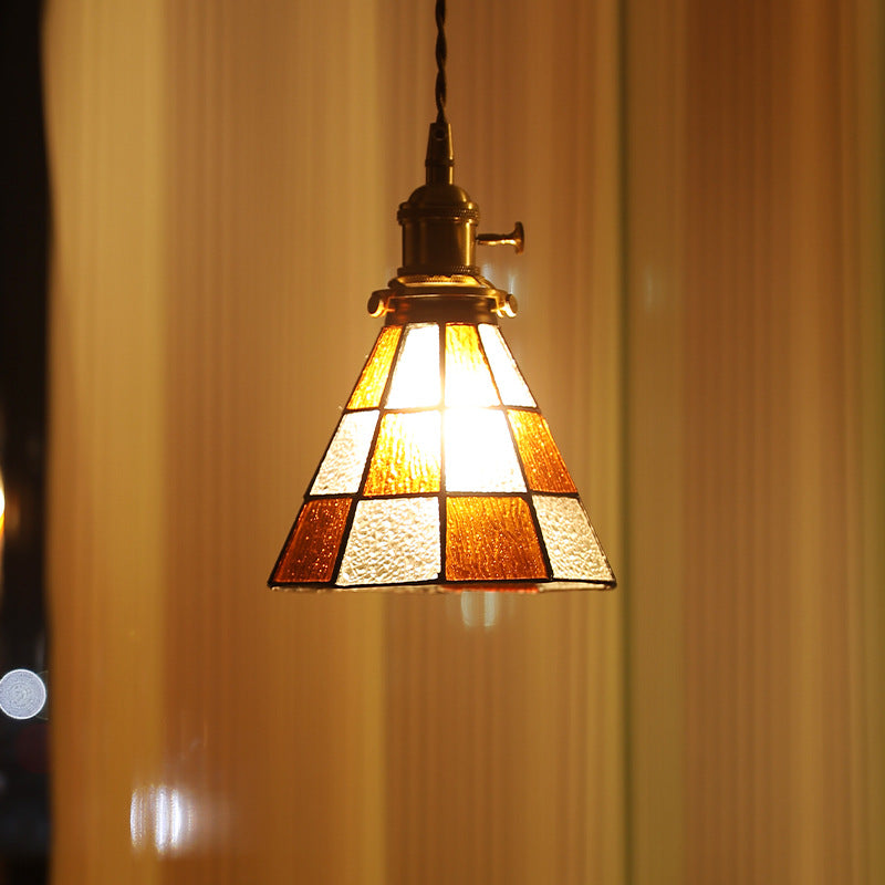 Traditional Vintage Brass Glass Hexagon Cone 1-Light Pendant Light For Living Room