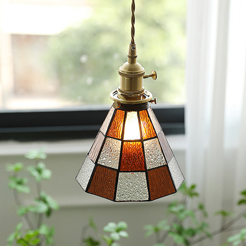Traditional Vintage Brass Glass Hexagon Cone 1-Light Pendant Light For Living Room