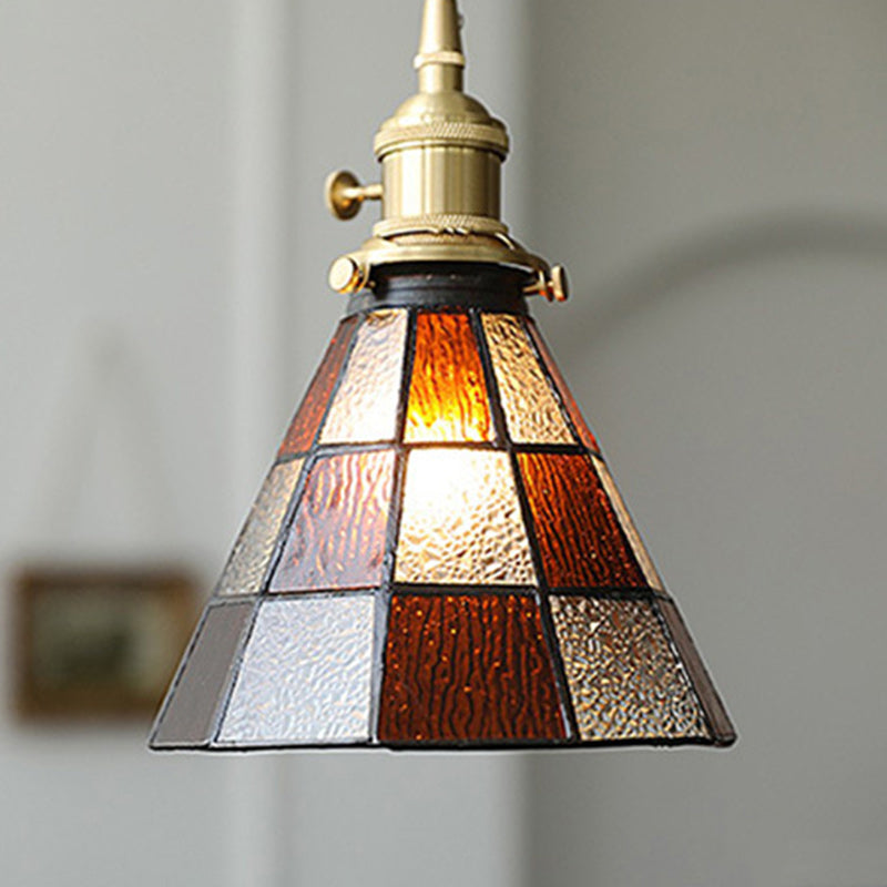 Traditional Vintage Brass Glass Hexagon Cone 1-Light Pendant Light For Living Room