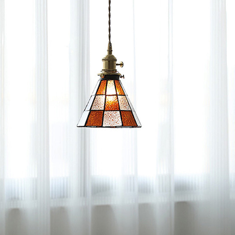 Traditional Vintage Brass Glass Hexagon Cone 1-Light Pendant Light For Living Room