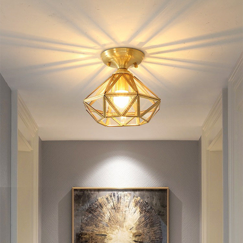Contemporary Scandinavian Brass Glass Geometric Round 1-Light Semi-Flush Mount Ceiling Light For Living Room