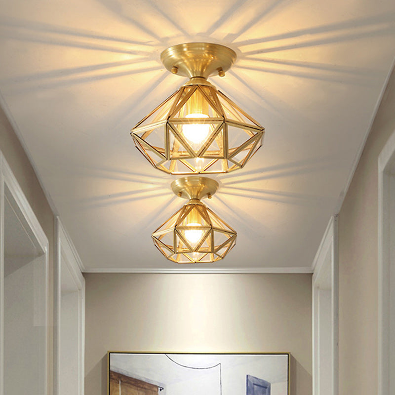 Contemporary Scandinavian Brass Glass Geometric Round 1-Light Semi-Flush Mount Ceiling Light For Living Room