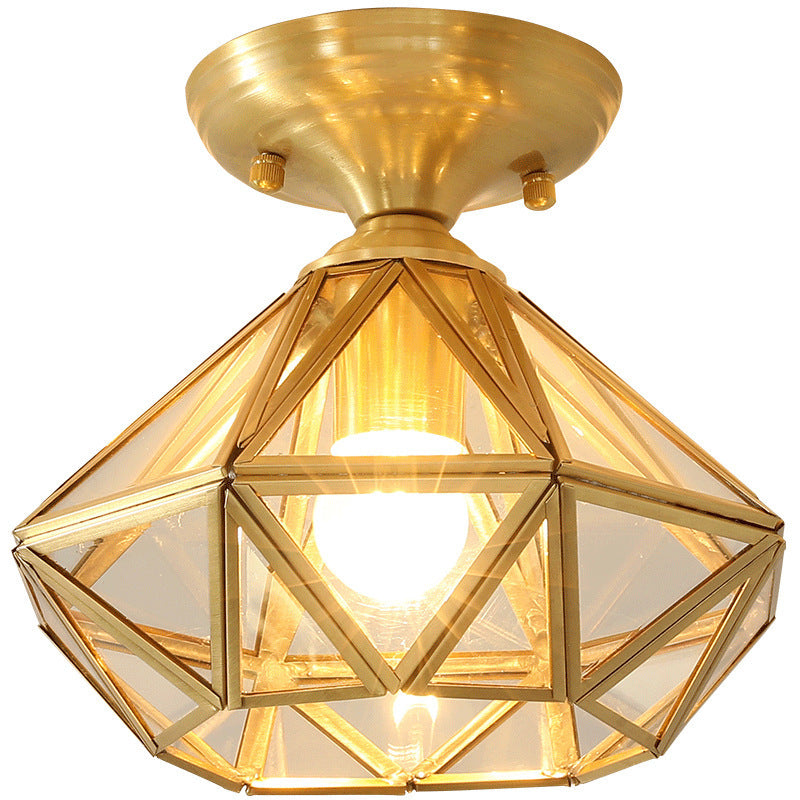 Contemporary Scandinavian Brass Glass Geometric Round 1-Light Semi-Flush Mount Ceiling Light For Living Room