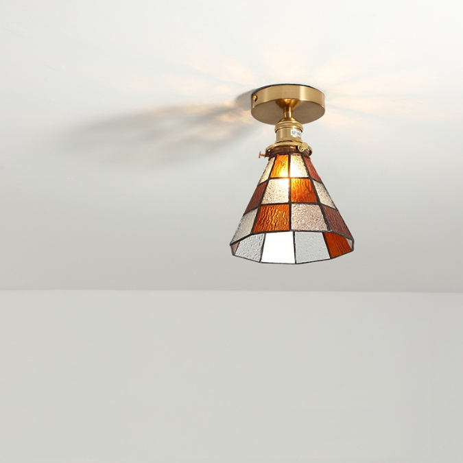 Traditional Japanese Brass Glass Cone Square 1-Light Semi-Flush Mount Ceiling Light For Living Room