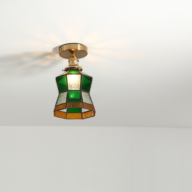 Traditional Japanese Brass Glass Cone Square 1-Light Semi-Flush Mount Ceiling Light For Living Room