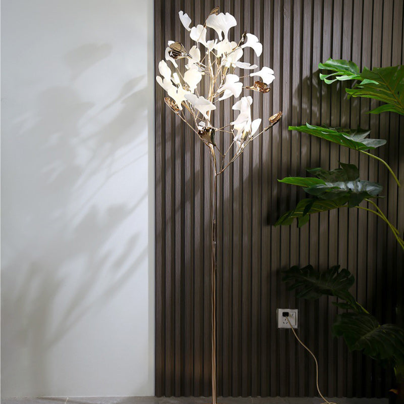 Contemporary Creative Metal Porcelain Acrylic Ginkgo Leaf 5-Light Standing Floor Lamp For Bedroom
