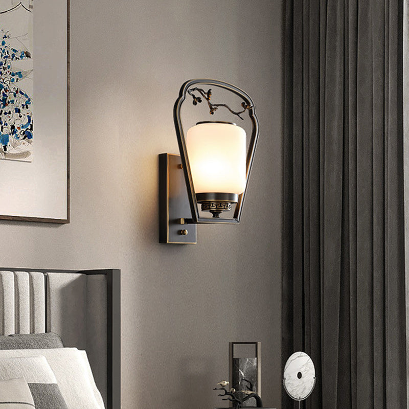 Traditional Chinese Brass Glass Fan-Shaped Elliptical 1-Light Wall Sconce Lamp For Living Room