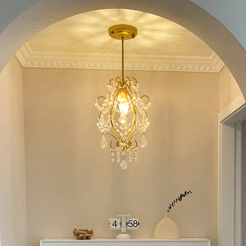 Traditional French Crystal Iron Curved Round 1-Light Pendant Light For Living Room